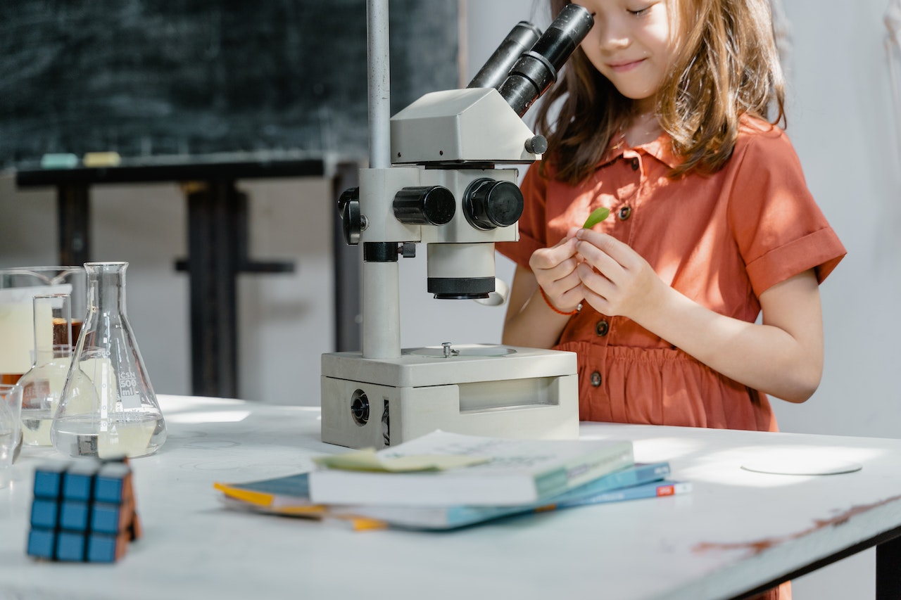 Online School and the Great British Summer: What’s the Deal? 1 A young girl in an orange dress is standing beside a microscope on a table with books and laboratory glassware. She is holding a green leaf, appearing to focus on it. There is a Rubik's cube and a chalkboard in the background.
