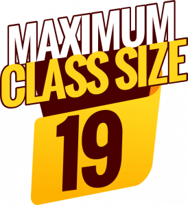 Why 2 Bold text reading "MAXIMUM CLASS SIZE" in white and yellow, overlapping a large yellow number "19," set against a yellow and brown background.
