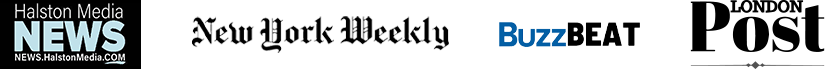 The image displays logos of various media outlets from left to right: Halston Media News, New York Weekly, BuzzBeat, and London Post.